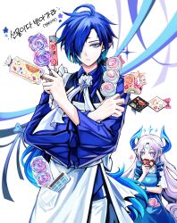  1boy 1girl absurdres apron ascot bag bbing_(kurabe_juro) bell_sleeves between_fingers blue_apron blue_eyes blue_hair blue_horns blue_ribbon blue_shirt blush_stickers bow brooch candy chevalier_(elsword) chocolate chocolate_bar ciel_(elsword) collared_shirt colored_eyelashes colored_tips cowboy_shot cowlick crescent crossed_arms demon_girl demon_horns earrings eating elbow_on_arm elsword facial_mark food food_art forehead_mark fruit hair_over_one_eye hand_up hands_up heart highres holding holding_chocolate holding_food holding_skewer horns ishtar_(elsword) jewelry kiwi_(fruit) kiwi_slice lollipop long_hair long_sleeves looking_at_viewer low_ponytail luciela_r._sourcream meringue multicolored_hair one_eye_covered orange_(fruit) orange_slice pants pink_bow plastic_bag pocky pointy_ears ponytail ribbon shirt short_sleeves skewer sparkle standing star-shaped_pupils star_(symbol) strawberry strawberry_slice swirl_lollipop symbol-shaped_pupils very_long_hair white_apron white_ascot white_background white_hair white_pants white_shirt 