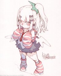  1girl backpack bag bandaid bandaid_hair_ornament black_skirt blush chinatsu_remiel earrings fur-trimmed_skirt fur_trim hair_ornament hairclip hairpin heart heart_earrings highres jewelry leg_warmers looking_at_viewer multiple_hair_clips multiple_thigh_straps necktie pink_arm_warmers pink_bag pink_leg_warmers pink_shoes red_necktie ring_hair_ornament shirt shoes skirt solo striped_arm_warmers striped_leg_warmers white_hair white_shirt winged_bag wings zenless_zone_zero zhaoyebai 