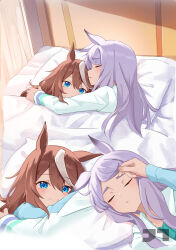  2girls absurdres adjusting_another&#039;s_hair animal_ears arms_around_neck artist_logo bed bed_sheet blue_eyes blue_pajamas blush brown_hair closed_eyes closed_mouth commentary cropped_torso curled_fingers curtains facing_another fingernails green_jacket green_pajamas hair_between_eyes head_on_pillow heads_together highres horse_ears horse_girl hug indoors jacket jtleeklm logo long_hair long_sleeves lying mejiro_mcqueen_(umamusume) multicolored_hair multiple_girls multiple_views on_back on_bed on_side pajamas parted_lips pillow pink_nails purple_hair sleeping smile streaked_hair thick_eyebrows tokai_teio_(umamusume) two-tone_hair umamusume under_covers white_streaks yuri 