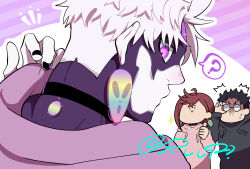  1girl 2boys :&gt; ? ^^^ adjusting_eyewear ayase_momo black_choker black_hair black_hoodie black_nails brown_hair choker climaxmukr closed_mouth commentary_request dandadan earrings enjoji_jin evil_eye_(dandadan) from_behind glasses highres hood hood_down hoodie jewelry looking_at_another multiple_boys notice_lines pink_hoodie possessed purple_hoodie round_eyewear short_hair sparkle spoken_question_mark surprised takakura_ken_(dandadan) thumbs_up upper_body violet_eyes white_hair 