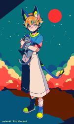  1boy animal animal_ear_hairband animal_ears artist_name blue_shirt blue_shoes blue_sky cable cable_tail cat cat_ears closed_mouth collar commentary_request crossed_bangs dot_mouth dot_nose electric_plug electric_plug_tail fake_animal_ears fake_tail glasses green_trim hairband highres holding holding_animal holding_cat mechanical_tail mizuki_tsukimori one-eyed orange_hair original pants purple-framed_eyewear red_circle red_clouds red_collar shirt shoes short_hair short_sleeves sky socks tail white_pants white_socks yellow_eyes 