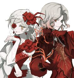  1boy 1girl armor bride colored_eyelashes colored_tips earrings flower frills gloves grey_hair headpiece highres identity_v jewelry knight lace lace_sleeves lixiao62108 looking_at_viewer makeup multicolored_hair red_armor red_eyes red_flower red_lips red_rose richard_sterling richard_sterling_(the_red_knight) rose runny_makeup sleeves_past_wrists thorns vera_nair vera_nair_(crimson_bride) yellow_eyes 