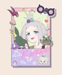  1girl arrow_(symbol) berry_(pokemon) blue_eyes card character_name collarbone commentary_request freckles garbodor grey_hair hair_bobbles hair_ornament heart highres jiang_jiang_(swpv5248) koffing looking_at_viewer pecharunt poke_ball_print pokemon pokemon_(creature) pokemon_bw2 roxie_(pokemon) scolipede spoken_heart star_(symbol) tongue tongue_out topknot toxel trubbish 