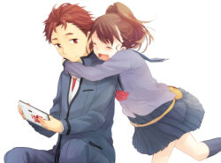  1boy 1girl blazer blue_pants blue_socks blush braid brown_hair closed_eyes green_sailor_collar half_up_braid holding holding_tablet_pc hug hug_from_behind jacket kneehighs long_hair long_sleeves looking_at_viewer looking_back open_collar open_mouth pants pouncing red_eyes red_haor robotics;notes sailor_collar science_adventure senomiya_akiho shirt short_hair simple_background smile socks tablet_pc takana_(nanao) thighs tongue white_background yashio_kaito 