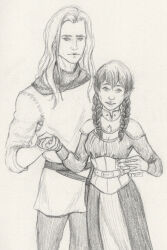 1boy 1girl armor belt braid breasts cleavage clothing commission commissioner_upload couple dress ears elf euphemy_sylvaine female graphite_(medium) height_difference hetero high_resolution holding_hands husband_and_wife large_breasts long_hair looking_at_viewer male morthen_ordenath_ildor official_art pointy_ears restlittleplum skirt smile standing tied_hair traditional_media twin_braids ways_of_darkness_(series)