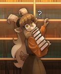  1girl :&lt; ? absurdres animal_ears artist_name black_hairband book book_stack bookshelf brown_dress brown_fur brown_hair closed_mouth commentary dress english_commentary furry furry_female goat_ears goat_girl goat_horns goat_tail gradient_hair grey_fur grey_hair hairband highres holding holding_book horizontal_pupils horns indoors library long_hair long_sleeves looking_at_viewer looking_to_the_side multicolored_hair okaliz orange_eyes orange_shirt original puffy_long_sleeves puffy_sleeves reaching shirt solo standing very_long_hair white_horns 