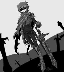  1other armor aru1ddrr cape deltarune field_of_blades greyscale highres holding holding_sword holding_weapon kris_(dark_world)_(deltarune) kris_(deltarune) monochrome planted planted_sword shaded_face shadow solo standing sword utdr_(toby_fox) weapon 