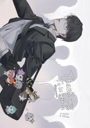  1boy ahu_(to_be_hero_x) bag black_coat black_hair black_necktie character_pin coat collared_shirt deanwzzz dragon_boy_(to_be_hero_x) e-soul_(to_be_hero_x) english_text ghostblade_(to_be_hero_x) glasses highres lin_ling_(to_be_hero_x) little_johnny_(to_be_hero_x) loli_(to_be_hero_x) looking_at_viewer lucky_cyan_(to_be_hero_x) male_focus necktie nice_(to_be_hero_x) people queen_(to_be_hero_x) shirt short_hair shoulder_bag sideways silhouette solo to_be_hero to_be_hero_x upper_body white_shirt x_(to_be_hero_x) 