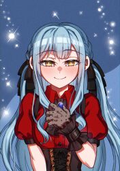  1girl absurdres ascot bang_dream! bang_dream!_it's_mygo!!!!! black_ascot black_corset black_gloves black_ribbon blue_background blue_brooch blue_hair blush braid closed_mouth commentary corset gloves hair_ribbon highres junji_17 long_hair looking_at_viewer oblivionis_(bang_dream!) red_shirt ribbon shirt short_sleeves sidelocks smile solo togawa_sakiko upper_body yellow_eyes 