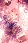  1girl absurdres flower frilled_kimono frills hand_fan highres holding holding_fan japanese_clothes kimono looking_at_viewer pink_eyes pink_hair puffy_sleeves saigyouji_yuyuko solo toho_sweet touhou 