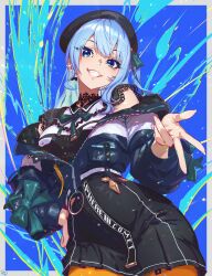  1girl absurdres aqua_hair belt beret black_belt black_choker black_dress black_hat blue_background blue_jacket border bow bow_earrings breast_pocket choker collared_dress colored_inner_hair commentary_request cowboy_shot dress earrings english_text green_ribbon grey_border hair_ribbon halftone hand_on_own_hip hat highres hololive hoshimachi_suisei hoshimachi_suisei_(casual) jacket jewelry lace lace_choker lace_sleeves long_sleeves looking_at_viewer momoyama_tits multicolored_hair neck_ribbon o-ring o-ring_thigh_strap off_shoulder orange_pantyhose pantyhose partially_open_jacket partially_unzipped pocket quilted_jacket quilted_lining ribbon short_dress short_sleeves sleeve_ribbon smile solo splatter_background swept_bangs thigh_strap two-sided_fabric two-sided_jacket virtual_youtuber w zipper_pull_tab 