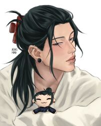  1boy absurdres aransmind artist_name black_hair blanket character_doll claw_hair_clip covering_with_blanket doll ear_piercing eyebrow_piercing face_piercing folded_hair getou_suguru hair_ornament hairclip half_updo highres ibispaint_(medium) jujutsu_kaisen lip_piercing lips looking_at_viewer medium_hair mole mole_on_cheek piercing plug_(piercing) simple_background violet_eyes white_background 