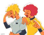  2boys afro alternate_costume blonde_hair closed_eyes collared_shirt flint_(pokemon) highres hmtmgl laughing male_focus multiple_boys pokemon pokemon_(game) pokemon_dppt redhead shirt simple_background smile upper_body volkner_(pokemon) white_background wristband yellow_shirt 