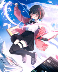  1girl :o absurdres belt black_bow black_bowtie black_hair black_shoes black_skirt black_thighhighs blue_sky book bow bowtie cardigan cellphone collared_shirt commentary day english_commentary floating floating_book floating_object full_body glasses highres holding holding_stylus holding_tablet_pc long_sleeves looking_at_viewer multicolored_hair off_shoulder original phone pink_cardigan pleated_skirt red_eyes round_eyewear school_uniform shirt shoes skirt sky smartphone solo streaked_hair stylus symperrr tablet_pc thigh-highs thigh_belt thigh_strap two-tone_hair white_shirt 