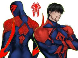  1boy alternate_costume aransmind artist_name back black_hair blood blood_from_mouth closed_mouth cosplay crossed_arms fushiguro_touji green_eyes green_outline heterochromia highres ibispaint_(medium) jujutsu_kaisen looking_at_viewer looking_back male_focus marvel mask miguel_o&#039;hara no_mask outline red_eyes scar_on_lip spider-man:_across_the_spider-verse spider-man_(2099) spider-man_(2099)_(cosplay) spider-man_(series) spider-verse twitter_username white_background 