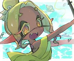  +_+ 1boy 2girls :d bare_shoulders big_man_(splatoon) blonde_hair colored_eyelashes colored_tips colored_tongue dark-skinned_female dark_skin fangs frye_(splatoon) highres inkling looking_at_viewer maki_chaa multicolored_hair multiple_girls octoling pointy_ears purple_tongue shiver_(splatoon) smile splatoon_(series) splatoon_3 tentacle_hair two-tone_hair wavy_hair 