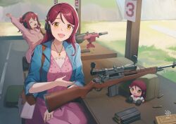  2025 2girls ammunition artist_logo bag blue_jacket brown_eyes bullet character_doll closed_eyes collarbone dated_commentary doll dress english_commentary gun hair_between_eyes headphones highres hiroki_ree jacket jewelry kurosawa_ruby logo long_hair long_sleeves looking_at_viewer love_live! love_live!_sunshine!! magazine_(weapon) multiple_girls necklace open_mouth pink_dress pink_jacket red_hair rifle ring sakurauchi_riko shooting_range shoulder_bag sitting smile table weapon weapon_request wedding_ring 