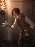  1boy black_pants brown_vest circle_of_inevitability dated fingerless_gloves fire gloves highres indoors medium_hair pants parted_lips ponytail red_eyes redhead shirt signature solo vest wall_lamp white_shirt yigexiaohao39986 
