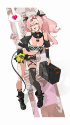  1girl 5bbbbbbbbbbbbb absurdres amillion_(zenless_zone_zero) bangboo_(zenless_zone_zero) black_boots black_ribbon black_shorts boots breasts clothing_cutout crop_top cutoffs doughnut earrings fang food green_eyes hair_ornament hairclip heart heart_earrings heart_necklace highres holding holding_food holding_suitcase jewelry looking_at_viewer micro_shorts mole mole_on_breast mole_under_eye multicolored_nails navel necklace nicole_demara one_eye_closed open_mouth pastry_box pink_hair ribbon shorts shoulder_cutout single_thighhigh solo strapless stuffed_toy suitcase thigh-highs thigh_strap torn_clothes torn_thighhighs tube_top twintails two_side_up white_background white_tube_top zenless_zone_zero 