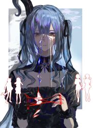  1girl arknights ave_mujica_(bang_dream!) bang_dream! bang_dream!_it&#039;s_mygo!!!!! black_dress black_gloves black_horns black_ribbon blue_hair blunt_bangs cat&#039;s_cradle cracked_skin curled_horns dekitaran44316 detached_collar dress gloves hair_ribbon hands_up hashtag-only_commentary highres horns long_hair looking_at_viewer misumi_uika misumi_uika_(caged_singer) parted_lips ribbon sidelocks silhouette single_glove single_horn togawa_sakiko togawa_sakiko_(master_of_melodia) two_side_up wakaba_mutsumi wakaba_mutsumi_(marionette&#039;s_id) wrist_cuffs yahata_umiri yahata_umiri_(moonlight_executioner) yellow_eyes yuutenji_nyamu yuutenji_nyamu_(magician_of_passion) 