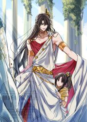  3boys aged_down ahoge alternate_costume alternate_universe ancient_greek_clothes animal armlet asymmetrical_clothes bare_shoulders bindi bishounen black_hair blush bow_(weapon) bracelet brown_eyes brown_hair cape chain child closed_mouth clothes_down clothes_grab coat collarbone column day earrings gold_armlet gold_belt gold_bracelet gold_chain gold_necklace greco-roman_clothes hair_between_eyes hair_down hair_ornament half_updo head_out_of_frame highres jewelry jin_ling lan_wangji leaf light_rays long_hair looking_at_another looking_at_viewer male_focus modao_zushi multiple_boys necklace official_alternate_hairstyle open_clothes open_coat open_mouth out_of_frame outdoors pillar ponytail rabbit red_cape red_eyes robe semiusa1010 side_cape sky sleeveless smile standing twitter_username two-sided_coat two-sided_fabric very_long_hair watermark weapon weapon_on_back wei_wuxian wei_wuxian_(yiling_laozu) white_coat white_robe yellow_cape 