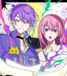  1boy 1girl alase_00 black_choker black_gloves blue_hair choker commentary_request confetti deeper_and_deeper_(project_sekai) gloves hair_between_eyes hair_ornament hairclip highres jewelry kamishiro_rui long_hair megurine_luka multicolored_hair necklace official_alternate_costume official_alternate_hairstyle outline paper pink_hair pocket project_sekai purple_hair purple_shirt shirt signature streaked_hair triangle two-tone_hair violet_eyes vocaloid white_outline white_shirt wonderlands_x_showtime_luka yellow_eyes 