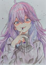  1girl :d @_@ ahoge dress grey_background grey_eyes hair_between_eyes hex_maniac_(pokemon) jordan_summers long_hair long_sleeves mixed-language_commentary nail_polish open_mouth painting_(medium) pokemon pokemon_xy purple_hair purple_nails shaded_face smile solo teeth traditional_media upper_body upper_teeth_only watercolor_(medium) 