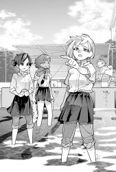  4girls absurdres all_fours arm_at_side arm_up backpack bag bangs_pinned_back breasts closed_eyes closed_mouth clouds collared_shirt commentary_request diving_block floating_hair furrowed_brow gavucchi greyscale hatching_(texture) highres holding holding_shell holding_unworn_clothes jacket_around_neck linear_hatching looking_ahead looking_at_another miniskirt mole mole_under_mouth monochrome multiple_girls necktie open_collar open_mouth original outdoors outstretched_arm pants pants_rolled_up pants_under_skirt parody parted_bangs parted_lips pleated_skirt pointing pool scene_reference school_uniform shell shingeki_no_kyojin shirt short_hair short_sleeves skirt sky sleeves_rolled_up small_breasts socks standing striped_necktie three-quarter_sleeves track_pants unworn_socks wading water 