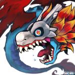  1other airdramon artist_name digimon digimon_(creature) dragon dragon_wings flying looking_at_viewer no_humans open_mouth sharp_teeth simple_background sinobali solo tail teeth tongue tongue_out watermark white_background wings 