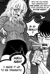  1boy 1girl @_@ absurdres artist_name bike_shorts breasts can drink_can english_commentary english_text fang greyscale highres holding holding_can large_breasts lying mimi_(nhim) monochrome nervous_sweating nhim open_mouth original roy_(nhim) skin_fang soda soda_can spit_take spitting sweat sweater thighs 
