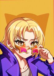  1girl absurdres bang_dream! blonde_hair blue_jacket clenched_teeth collarbone commentary gradient-tinted_eyewear grey_shirt highres jacket junji_17 pink-tinted_eyewear sato_masuki shirt short_hair solo star-shaped_eyewear star_(symbol) teeth tinted_eyewear upper_body yellow_background yellow_eyes 