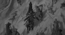  1girl absurdres armor battle blood corpse decapitation from_above genshin_impact greyscale highres holding holding_polearm holding_weapon horseback_riding japanese_armor k0ushou kujou_sara low_wings monochrome naginata polearm riding shoulder_armor sode solo_focus spear tengu weapon wings yari 