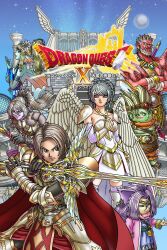  2girls 5boys androgynous angel angel_wings animal_ears armor artist_request back_fin blonde_hair blue_dress blue_robe body_markings braid brown_eyes brown_hair cape circlet colored_skin copyright_logo copyright_name crossed_arms crown_braid cub_(dq10) dragon_quest dragon_quest_x dress earrings euriza_(dq10) facial_hair feathered_wings fins fish_girl foster_(dq10) gold_circlet green_skin hakuou_(dq10) head_fins hero_(dq10) highres holding holding_sword holding_weapon jewelry lada_ghat linache_(dq10) looking_to_the_side mature_male monster_girl multiple_boys multiple_girls muscular muscular_male official_alternate_costume official_art pauldrons pointy_ears ponytail purple_hair purple_skin purple_thighhighs red_cape red_skin robe scar scar_on_chest scar_on_face scar_on_forehead short_hair shoulder_armor shoulder_spikes side_braid skindentation spikes spiky_hair sword teardrop_earrings thigh-highs third-party_source weapon white_facial_hair white_hair wings 