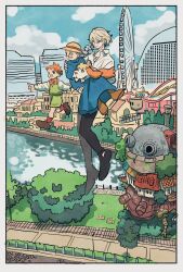  1girl 2boys black_pants blonde_hair blue_dress border bow bowtie braid braided_ponytail carrying carrying_person child commentary_request dress earrings flying hat heen highres howl_no_ugoku_shiro howl_pendragon jewelry markl multiple_boys orange_hair outdoors pants shirt short_hair smile sophie_hatter straw_hat takeuchi_ryousuke white_border white_shirt 