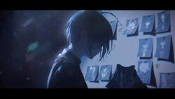  3boys 6+girls absurdres ahoge auni black_hair blue_theme chabashira_tenko danganronpa_(series) danganronpa_v3:_killing_harmony dark from_side harukawa_maki highres holding holding_photo iruma_miu jacket k1-b0 letterboxed light_particles long_sleeves looking_at_object male_focus momota_kaito monotaro_(danganronpa) multiple_boys multiple_girls photo_(object) profile sad saihara_shuichi shirogane_tsumugi short_hair sidelighting solo_focus whiteboard yonaga_angie yumeno_himiko 