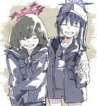  2girls aged_down bandaid bandaid_on_face baseball_cap black_hair black_jacket blue_archive chiriejjiyo closed_eyes commentary_request facing_viewer grin halo hat highres jacket long_hair misaki_(blue_archive) multiple_girls saori_(blue_archive) short_hair shorts simple_background smile v 