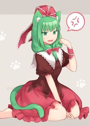  1girl anger_vein animal_ears bow cat_ears cat_girl cat_tail dress frilled_bow frilled_dress frilled_ribbon frilled_sleeves frills front_ponytail green_eyes green_hair grey_hair highres kagiyama_hina looking_at_viewer mito_tsubaki puffy_short_sleeves puffy_sleeves red_bow red_dress red_ribbon ribbon short_sleeves solo tail touhou 