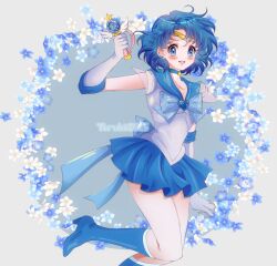  1girl back_bow bishoujo_senshi_sailor_moon blue_bow blue_bowtie blue_brooch blue_choker blue_eyes blue_hair blue_sailor_collar blue_skirt boots bow bowtie brooch choker collarbone earrings elbow_gloves gloves heart heart_brooch high_heel_boots high_heels highres jewelry magical_girl mizuno_ami sailor_collar sailor_mercury sailor_senshi_uniform shirt short_hair skirt smile solo star_(symbol) star_choker stud_earrings super_sailor_mercury teruhii tiara white_gloves white_shirt 