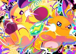  :3 blue_eyes brown_eyes closed_mouth electricity evolution_stone fang highres mega_pokemon mega_raichu_x mega_raichu_y multiple_tails no_humans open_mouth orange_fur pokemon pokemon_(creature) pokemon_focus pokemon_legends:_z-a raichu smile sowao. star_(symbol) star_in_eye symbol_in_eye tail thunder_stone very_long_ears very_long_tail yellow_fur 