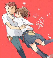  1boy 1girl blue_skirt blush brown_eyes brown_hair chuo_tanegashima_high_school_uniform closed_eyes couple hetero highres hug kneehighs kneepits loafers long_hair open_mouth pants pleated_skirt ponytail pouncing red_hair robotics;notes ruffling_hair school_uniform science_adventure senomiya_akiho serafuku shirt shoes short_hair skirt smile socks takana_(nanao) twintails white_shirt yashio_kaito 