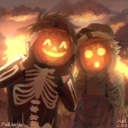 2023 2boys alternate_costume artist_name basil_(faraway)_(omori) basil_(omori) black_gloves blonde_hair blue_overalls brown_gloves brown_hair clouds collared_shirt fingerless_gloves gloves green_shirt halloween_costume hero_(faraway)_(omori) hero_(omori) highres holding holding_pumpkin jack-o&#039;-lantern long_sleeves madnopost male_focus multiple_boys omori outdoors overalls pumpkin shirt short_hair sky sunset tree 
