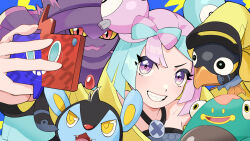  1girl arm_up bellibolt blue_background bow-shaped_hair character_hair_ornament collarbone commentary_request grey_shirt grin hair_ornament happy highres holding holding_phone iono_(pokemon) jacket katsu_n1101 long_hair long_sleeves luxio mismagius multicolored_hair phone pokemon pokemon_(creature) pokemon_sv rotom rotom_phone selfie shirt smile teeth two-tone_hair violet_eyes wattrel yellow_jacket 