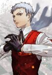  1boy black_gloves black_ribbon closed_mouth collared_shirt gloves grey_eyes grey_hair hankuri long_sleeves looking_at_viewer male_focus neck_ribbon own_hands_together persona persona_3 red_sweater_vest ribbon sanada_akihiko shirt simple_background solo sweater_vest upper_body white_shirt 