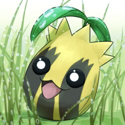  absurdres dew_drop grass highres leaf no_humans open_mouth pokemon pokemon_(creature) solo spicyichizo sunkern water_drop 