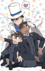  3boys ^_^ beeemaru02 blue_eyes blush boots brown_hair cape closed_eyes commentary_request dark-skinned_male dark_skin edogawa_conan gloves hat hattori_heiji heart highres jacket kaitou_kid magic_kaito male_focus meitantei_conan monocle multiple_boys short_hair spoken_heart star_(symbol) top_hat white_gloves white_hat white_jacket 