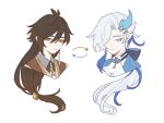  2boys alternate_hairstyle ascot blue_eyes brown_eyes brown_hair feather_hair_ornament feathers genshin_impact hair_ornament hairstyle_switch highres long_hair looking_at_viewer low-tied_long_hair low_ponytail multiple_boys necktie neuvillette_(genshin_impact) pointy_ears saden_meow simple_background very_long_hair white_ascot white_background white_hair white_necktie zhongli_(genshin_impact) 