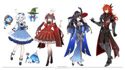  1boy 3girls absurdres ahoge alternate_costume alternate_hairstyle amaichi_esora arm_armor armor armored_boots black_hair black_hairband black_shirt blue_dress blue_eyes blue_nails boots braid breasts bridal_gauntlets brown_hair brown_pants butterfly-shaped_pupils commentary_request crown diluc_(genshin_impact) diluc_(parallels_meet)_(genshin_impact) dress drop-shaped_pupils full_body furina_(genshin_impact) genshin_impact gentilhomme_usher green_eyes hair_between_eyes hair_ornament hair_over_shoulder hairband hand_on_own_chest hat heterochromia high_heels highres holding holding_wand hoyofair hu_tao_(genshin_impact) long_hair long_sleeves looking_at_viewer mademoiselle_crabaletta mona_(genshin_impact) multiple_girls nail_polish pants pauldrons red_dress red_eyes red_hair red_nails shirt short_hair shoulder_armor simple_background single_pauldron sketch sleeveless sleeveless_dress small_breasts socks surintendante_chevalmarin symbol-shaped_pupils twin_braids twintails very_long_hair wand white_background white_hair white_socks witch_hat 