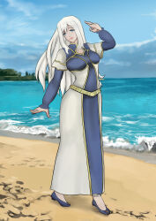 1girl beach blue_dress blue_eyes blue_footwear blue_sky breasts clothing clouds commission commissioner_upload day dress female footprints footwear gold_trim high_resolution long_dress long_hair looking_at_viewer medium_breasts nemezish ocean official_art outdoors sand shibs sky solo very_high_resolution water ways_of_darkness_(series) white_dress white_hair