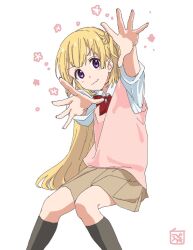  22/7 black_socks blonde_hair bow bowtie brown_skirt closed_mouth collared_shirt feet_out_of_frame fujima_sakura head_tilt kneehighs long_hair long_sleeves looking_at_viewer miniskirt one_side_up pink_vest pleated_skirt reaching reaching_towards_viewer red_bow red_bowtie shirt signature skirt socks tanpaku_(oqu_2) v-shaped_eyebrows vest violet_eyes white_background white_shirt 