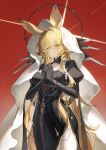  1girl absurdres animal_ears arknights black_dress black_gloves blonde_hair breasts dorothy_(arknights) dorothy_(hand_of_destiny)_(arknights) dress gloves highres large_breasts long_hair madao one_eye_closed own_hands_together red_background side_slit veil yellow_eyes 